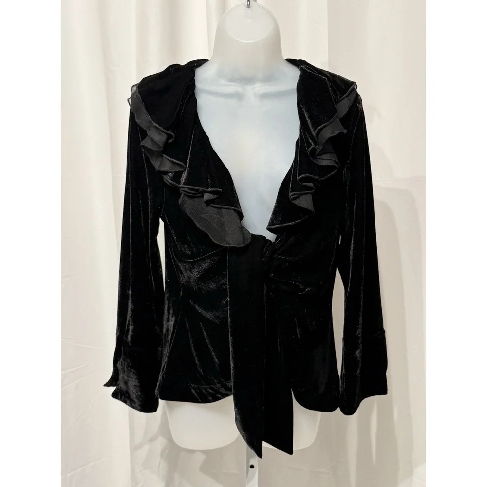 Size M Velvet Wrap Top Jacket Whimsigoth Y2K Ruffle 90s Goth Holiday Glam Black